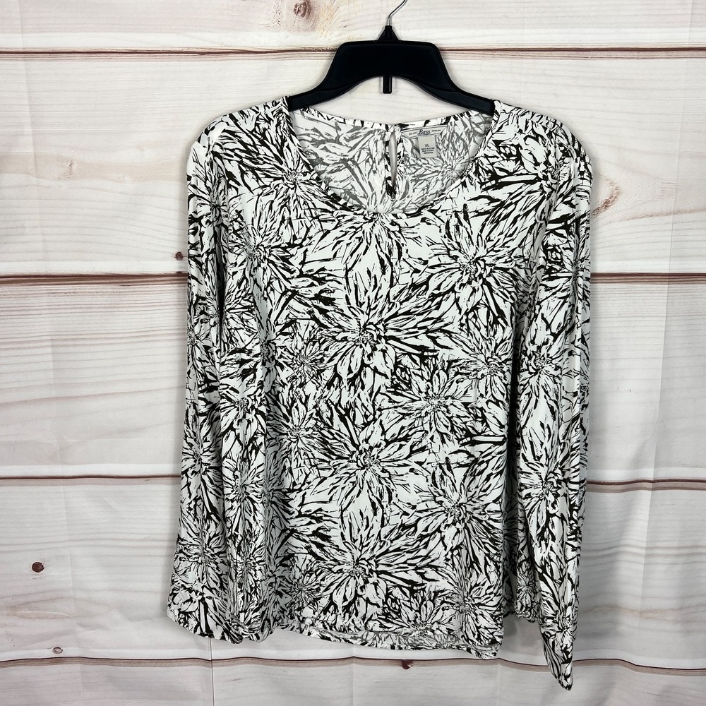 Bass Top Womens XL Green Floral Blouse Long Sleeve Round Neck‎ Pullover Woven